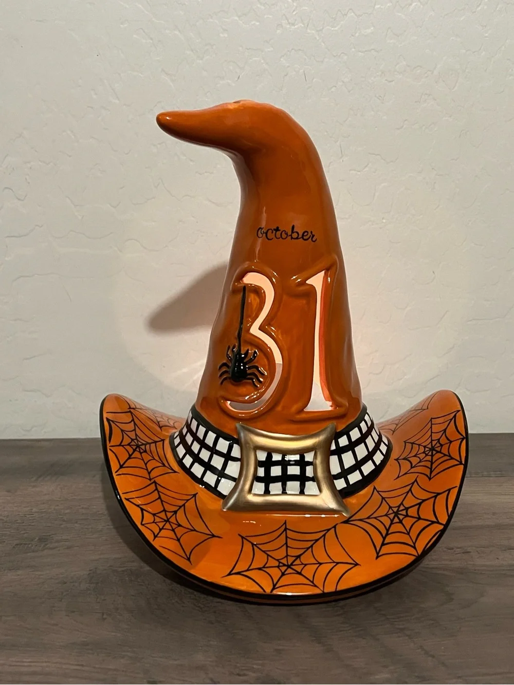 Blue Sky October 31 Orange Spider Web Witch Hat Ceramic Halloween Candle Holder